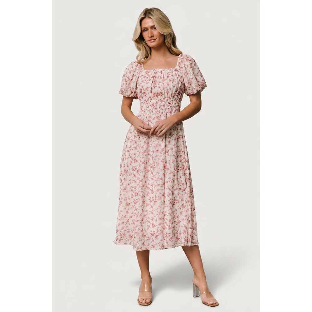 Baltic Born Dorine Midi Dress Ivory Blush Floral Puff Sleeve 1X Cottagecore Boho